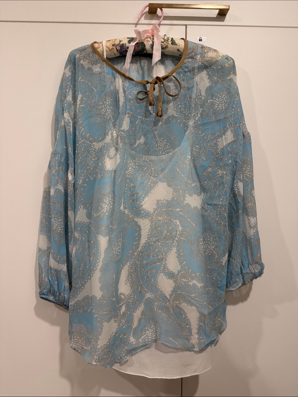 Light Blue Paisley Tie-Neck Women's Blouse